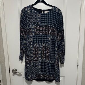 LOFT Blue and Cream Long Sleeve Dress